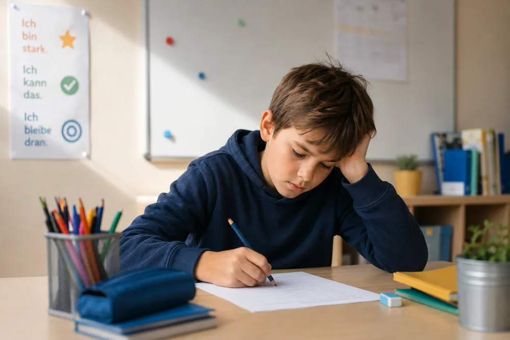 Ein Junge im Grundschulalter sitzt am Tisch über einem Arbeitsblatt, den Kopf auf die Hand gestützt, und wirkt angestrengt. An der Wand ein Poster mit den Sätzen „Ich bin stark.“, „Ich kann das.“ und „Ich bleibe dran.“